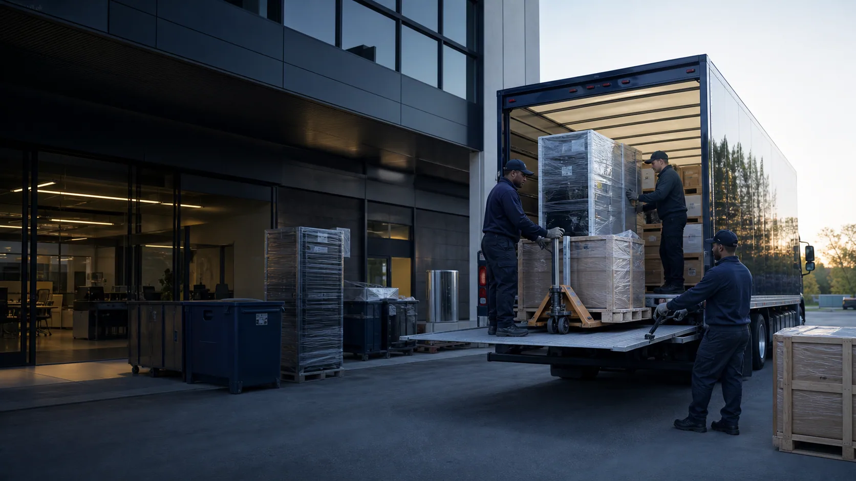 Professional commercial movers loading protected office equipment into an unbranded box truck
