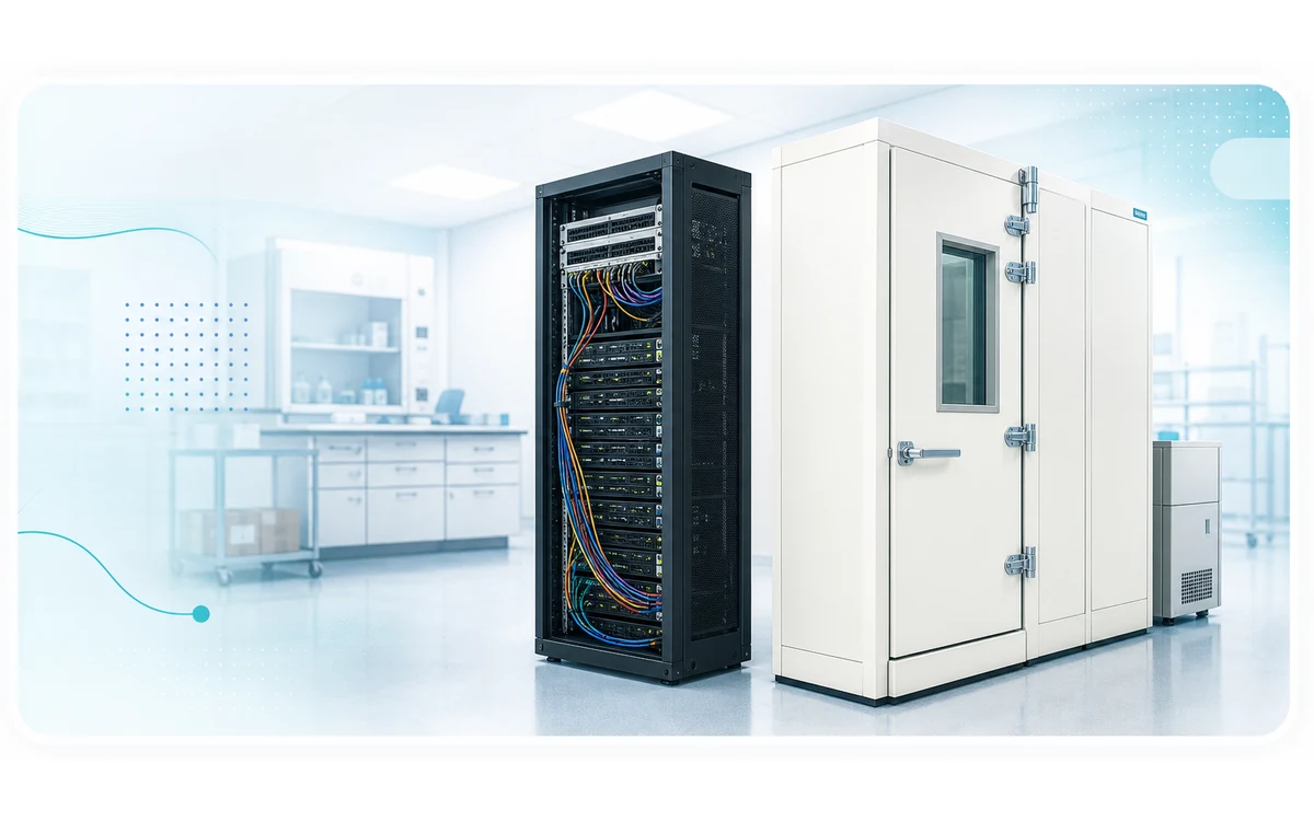Soft illustration of a standalone server rack beside a separate laboratory environmental chamber